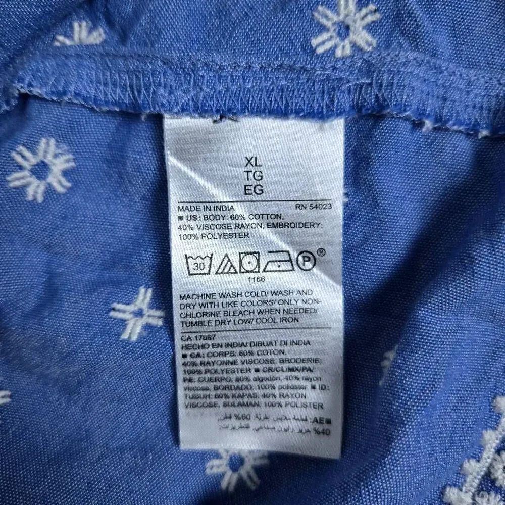 Old Navy Womens Embroidered Babydoll Top XL Blue Ruffle Peasant Boho Cottagecore